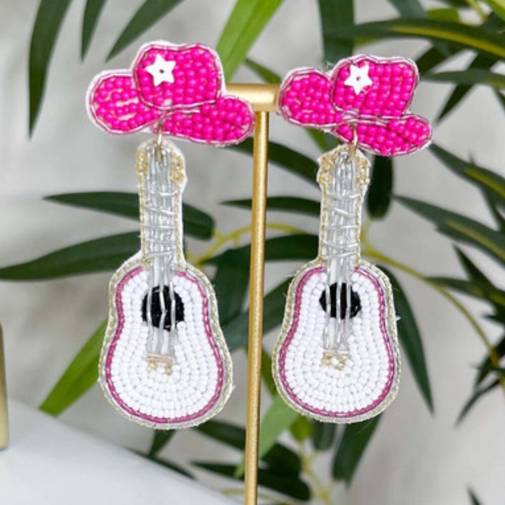 Seed Beaded Pink Guitar Cowgirl Hat Country Music Concert Earrings NEW - Picture 1 of 3